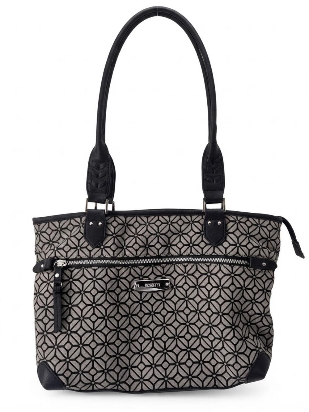 Rosetti Black & Grey Geometric Print Tote Shoulder Bag Purse with Front Zipper